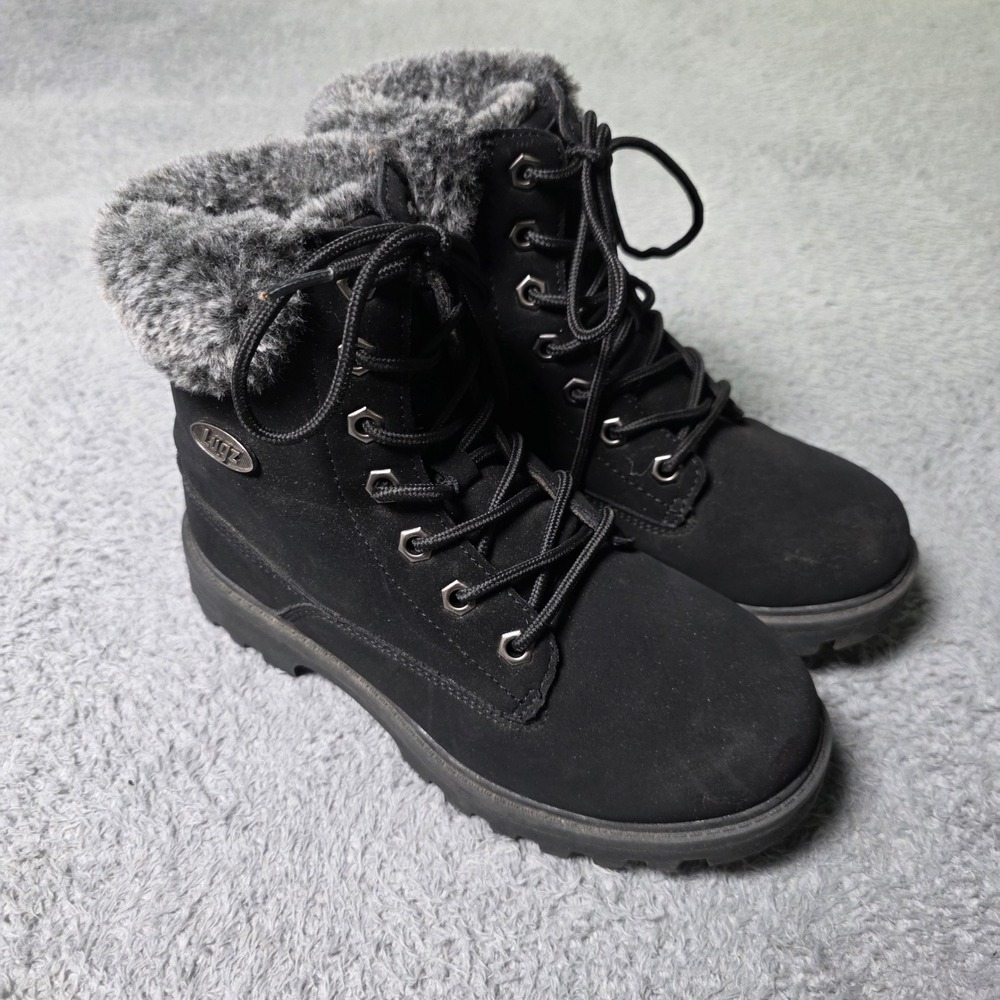 Lugz Kids 3.5 Empire Hi Fur Combat Boots Black Faux Fur Trim Slip Resistant